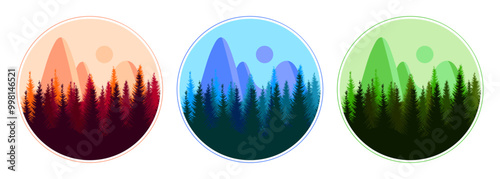 Set of landscapes Seasons. Round landscape icons, winter, summer and autumn. Illusation of mountains, forest and sun. Clip art. photo