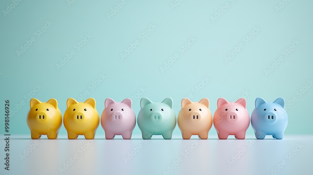 Multiple piggy banks of various sizes arranged in a line, each representing a different savings goal, from small to large. Multiple piggy banks of various sizes arranged in a line, each representing a different savings goal, from small to large.