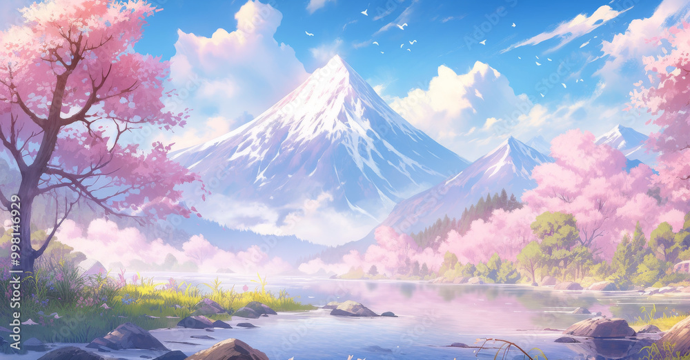 Obraz premium Majestic mountain landscape with cherry blossoms and serene water