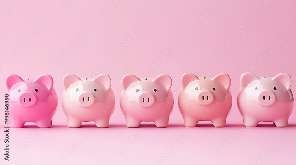 Multiple piggy banks of various sizes arranged in a line, each representing a different savings goal, from small to large. Multiple piggy banks of various sizes arranged in a line, each representing a different savings goal, from small to large.