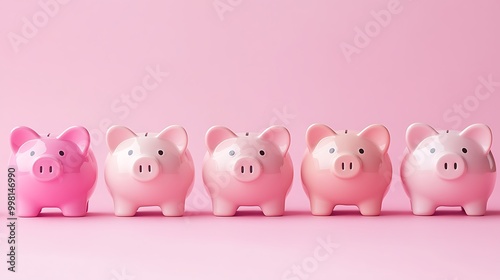 Multiple piggy banks of various sizes arranged in a line, each representing a different savings goal, from small to large. 