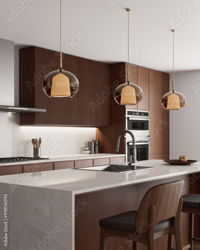 Explore a modern kitchen with elegant lighting and a stylish, captivating design