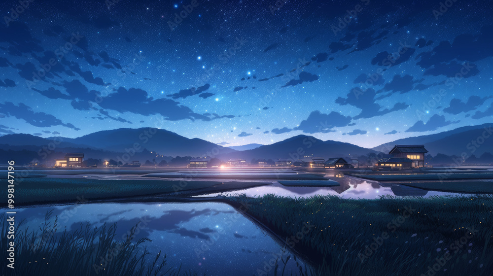 serene rural village with rice fields under starry night sky serene rural village with rice fields under starry night sky