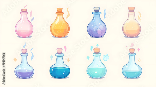 Simple pastel potion vial set of icons with smooth curves and soft liquid effect placed on a plain background