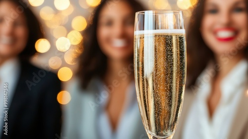 Champagne glass with bubbles, festive background with happy people. photo