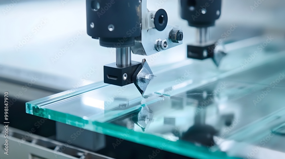 Obraz premium Close up of precision glass cutting tools being meticulously used to shape and sculpt glass for bespoke architectural designs and construction projects