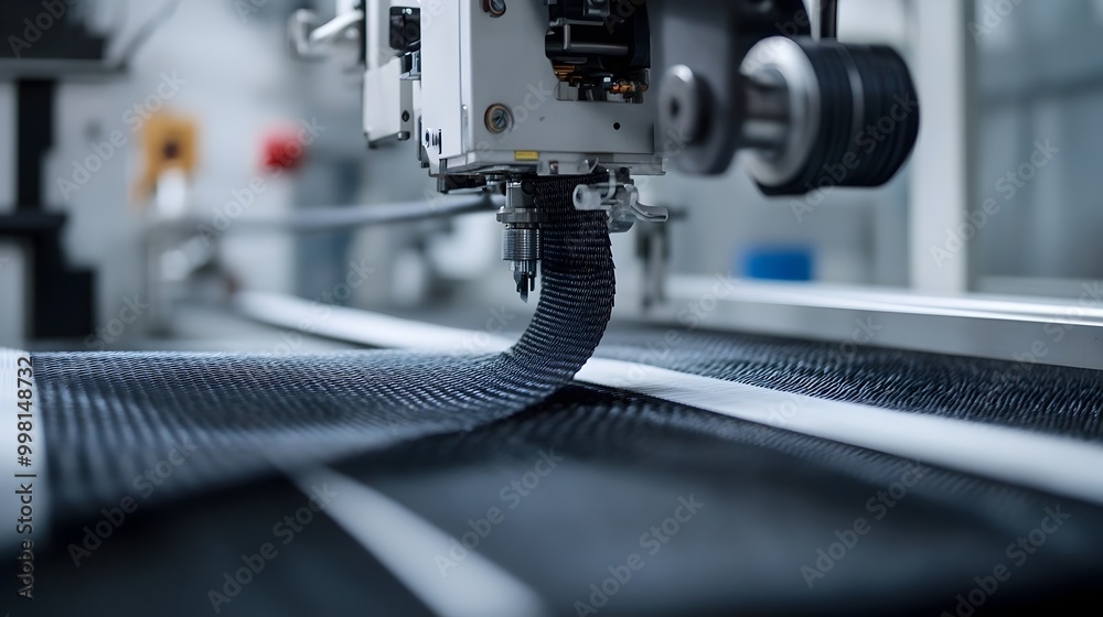 Close up view of an advanced carbon fiber weaving machine meticulously constructing a strong and lightweight composite material for various industrial applications Close up view of an advanced carbon fiber weaving machine meticulously constructing a strong and lightweight composite material for various industrial applications