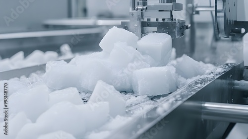 Close up view of an automated industrial machine or system efficiently cutting and processing large solid blocks of ice into smaller photo