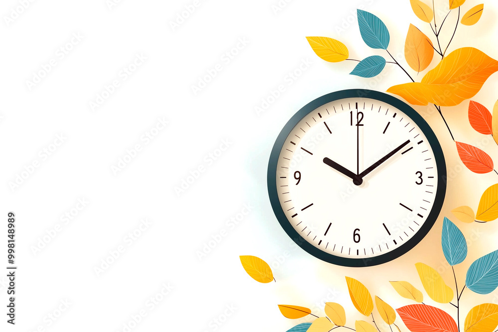 Illustration of a clock in an autumn theme on a light monochromatic background, surrounded by autumn leaves, free space for text Illustration of a clock in an autumn theme on a light monochromatic background, surrounded by autumn leaves, free space for text