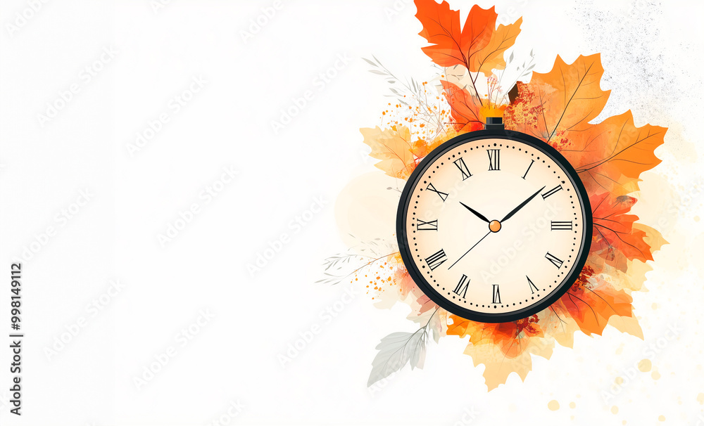 Illustration of a clock in an autumn theme on a light monochromatic background, surrounded by autumn leaves, free space for text Illustration of a clock in an autumn theme on a light monochromatic background, surrounded by autumn leaves, free space for text