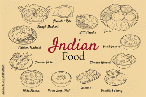 Collection of outline drawing Indian cuisine vector illustration