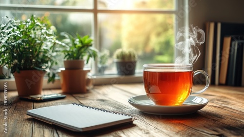 A steaming cup of tea on a wooden table next to a window, a notebook, and potted plants.