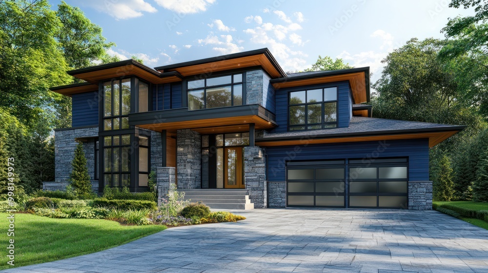 Luxurious new construction home, modern style home two car garage, blue siding natural stone wall, generative ai