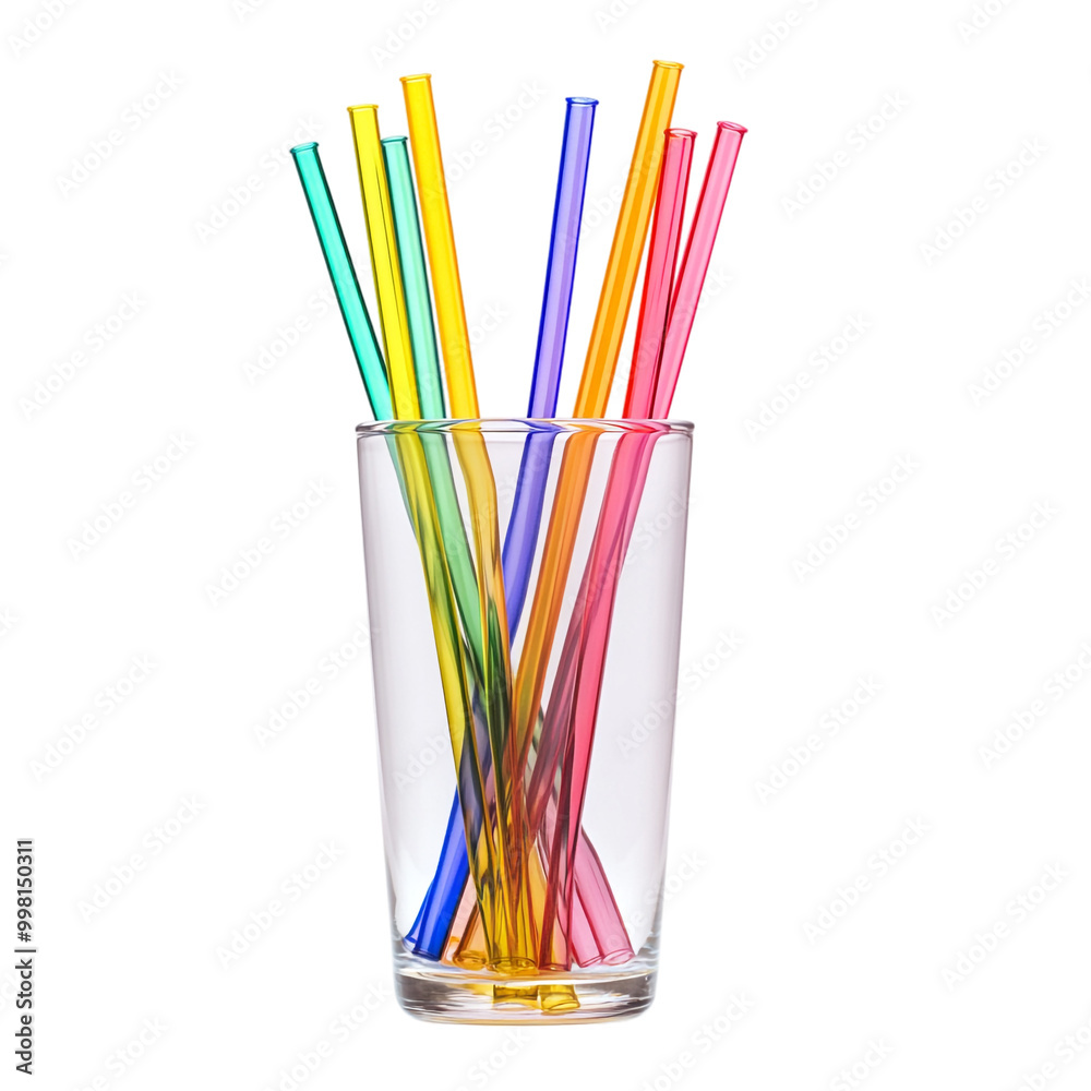 A glass filled with colorful straws isolated on a transparent background A glass filled with colorful straws isolated on a transparent background