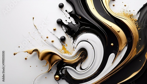 Abstrakcyjne białe tło z płynną, rozlewającą się czarną, białą i złotą farbą  © Monika