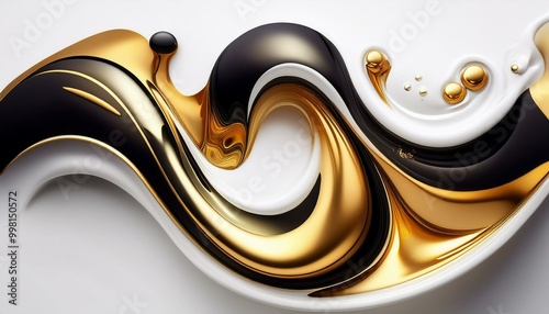 Abstrakcyjne białe tło z płynną, rozlewającą się czarną, białą i złotą farbą  © Monika