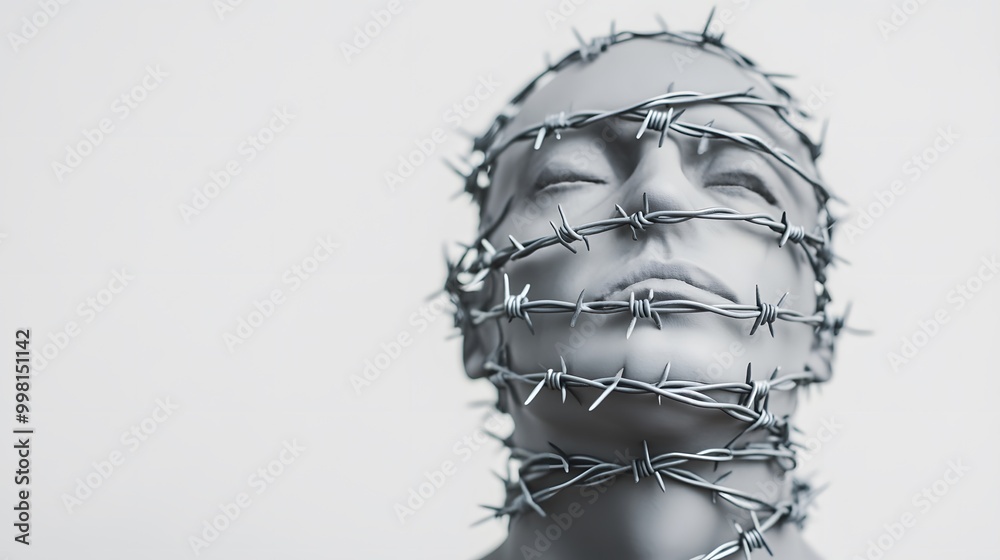 A striking figure wrapped in barbed wire, symbolizing entrapment and struggle, set against a simple white backdrop. A striking figure wrapped in barbed wire, symbolizing entrapment and struggle, set against a simple white backdrop.