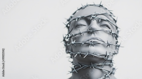 A striking figure wrapped in barbed wire, symbolizing entrapment and struggle, set against a simple white backdrop.