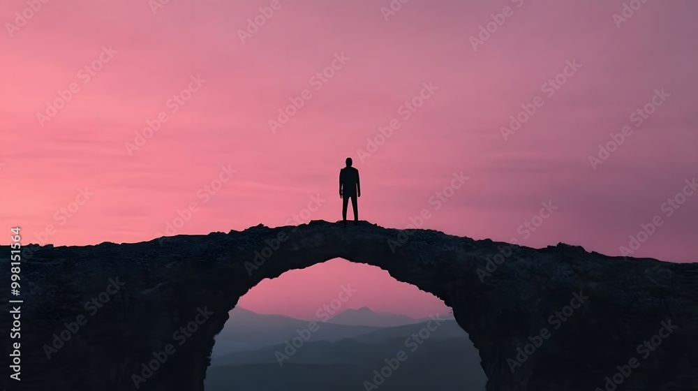 A silhouetted figure stands on an archway against a stunning pink sunset, evoking a sense of adventure and solitude in nature. A silhouetted figure stands on an archway against a stunning pink sunset, evoking a sense of adventure and solitude in nature.