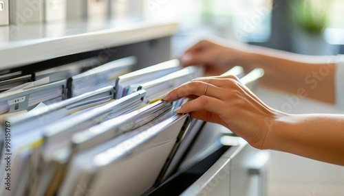 Close-up of a person's hands organizing documents in a filing cabinet, neat office setting, natural lighting, focus on hands and documents, space for text, high quality, white background photo