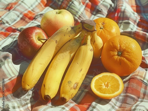 A separate photo of a family picnic with various fruits such as bananas, oranges and apples resting on a checkered blanket. Reminiscent of fun and carefree days.