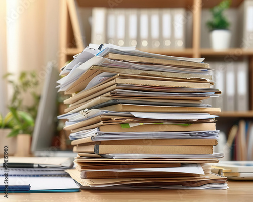 Stack of documents and office supplies on a cluttered wooden desk, close-up shot, natural lighting, business atmosphere