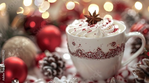 A white cup with red and silver sprinkles on it is surrounded by red