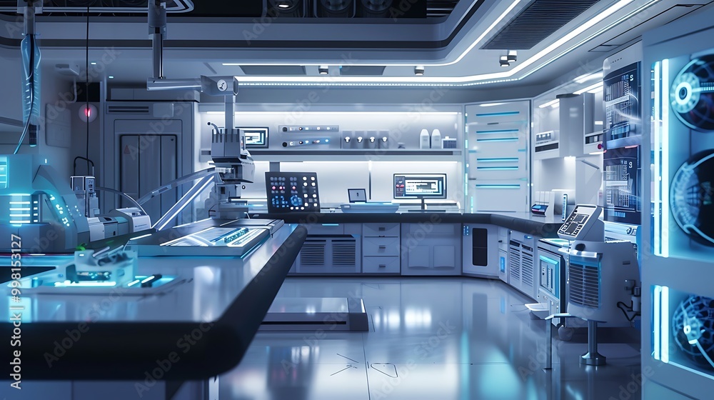 A sleek, modern AI research facility with advanced equipment. A sleek, modern AI research facility with advanced equipment.