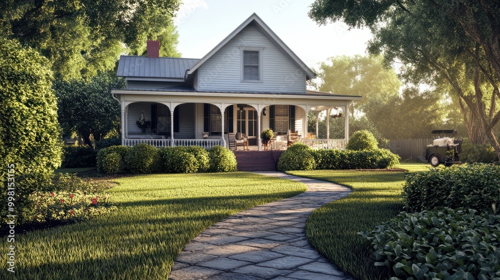 Obraz premium Southern home with inviting front porch and expensive kind. A typical American home.