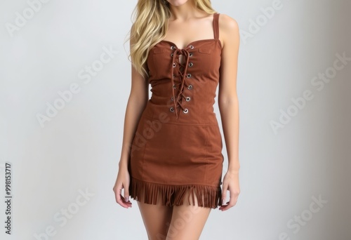 Faux suede mini dress with a corset style lace up front and frin photo