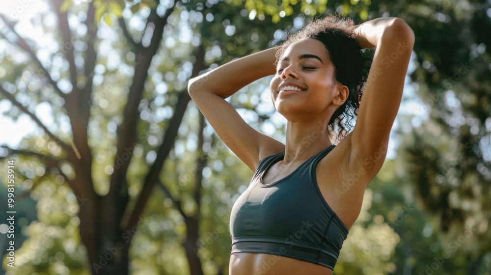 young woman enjoying outdoors, stretching her arms with smile in sunny park. Her athletic wear complements vibrant greenery around her, creating refreshing atmosphere young woman enjoying outdoors, stretching her arms with smile in sunny park. Her athletic wear complements vibrant greenery around her, creating refreshing atmosphere