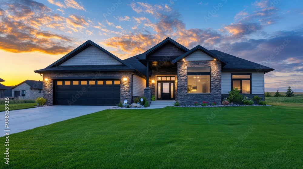 The front view of a newly built home is enhanced by a picturesque surrounding of vibrant green grass and a clear blue sky at sunrise. This appealing exterior beckons potential buyers or renters The front view of a newly built home is enhanced by a picturesque surrounding of vibrant green grass and a clear blue sky at sunrise. This appealing exterior beckons potential buyers or renters