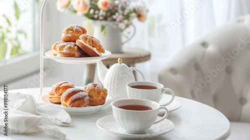 Wallpaper Mural Delight in serene afternoon tea setting featuring freshly baked pastries on tiered stand, accompanied by elegant teacups and charming teapot, creating warm and inviting atmosphere Torontodigital.ca