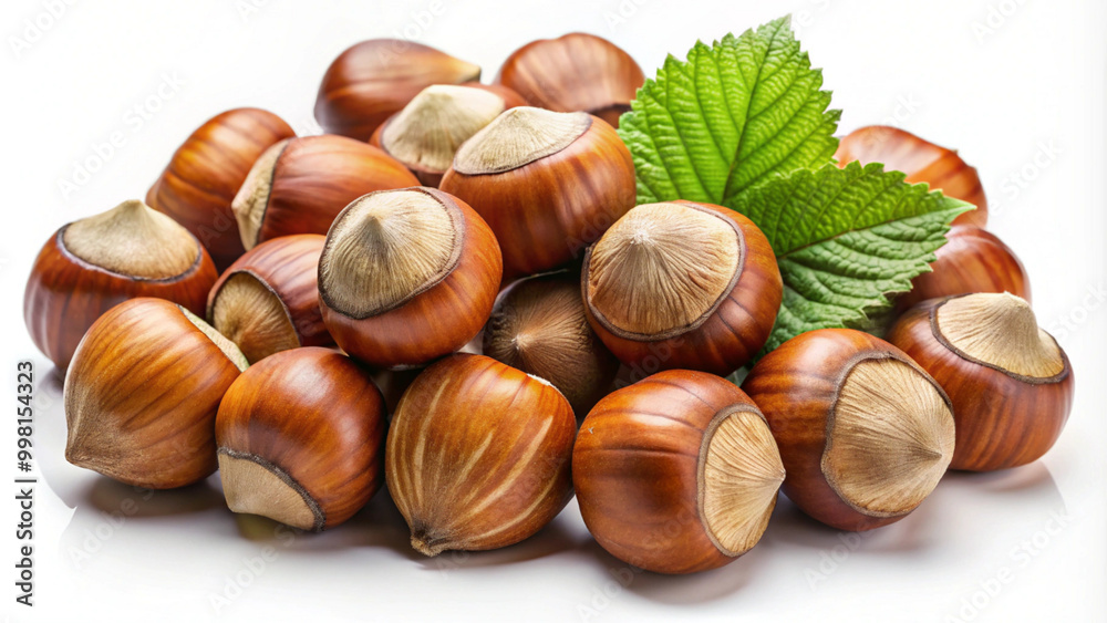 Fresh Hazelnuts with Leaves Isolated on White Background Fresh Hazelnuts with Leaves Isolated on White Background