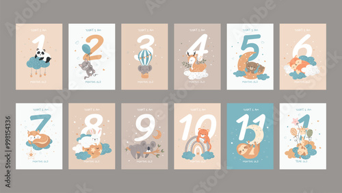 12 Baby Birthday Card 1-11 Months And 1 Year Old With Cute Sleeping Baby Animals