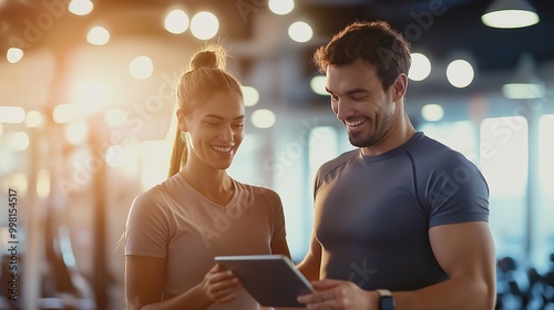 Fitness trainer and client reviewing workout progress on a digital tablet in a bright, modern gym, symbolizing personal training, motivation, and health goals photo