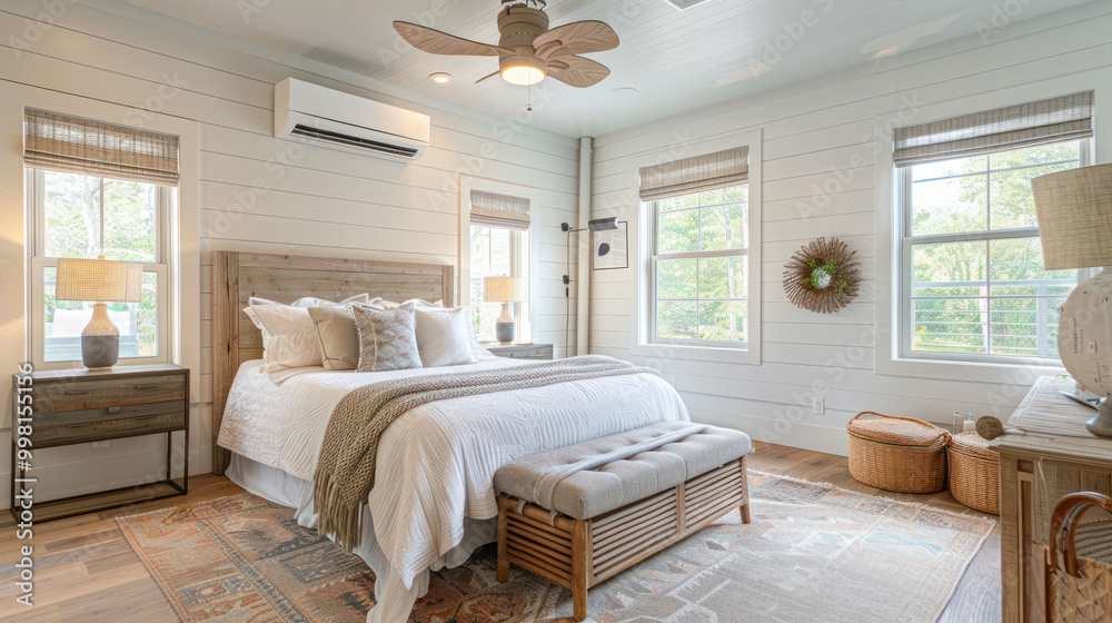 Fototapeta premium Cozy and inviting bedroom featuring wooden bed frame, soft bedding, and natural light streaming through large windows. decor includes stylish lamps and warm color palette