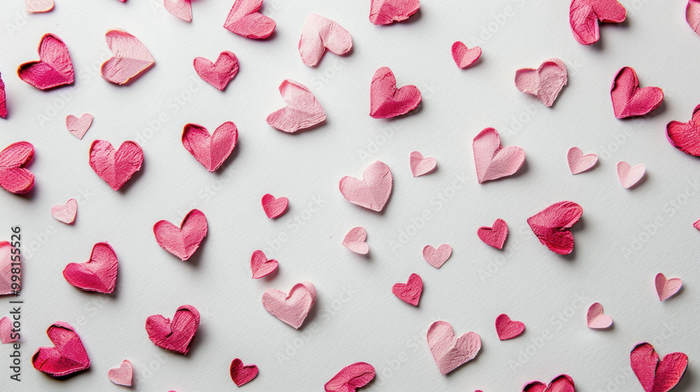 Colorful heart shapes in various shades of pink and red scattered across light background create cheerful and romantic atmosphere, perfect for celebrations or decorations Colorful heart shapes in various shades of pink and red scattered across light background create cheerful and romantic atmosphere, perfect for celebrations or decorations