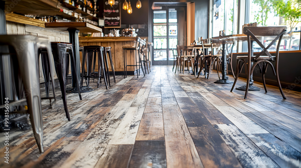Rustic Wood and Vinyl Flooring in Cozy Cafe Space Rustic Wood and Vinyl Flooring in Cozy Cafe Space