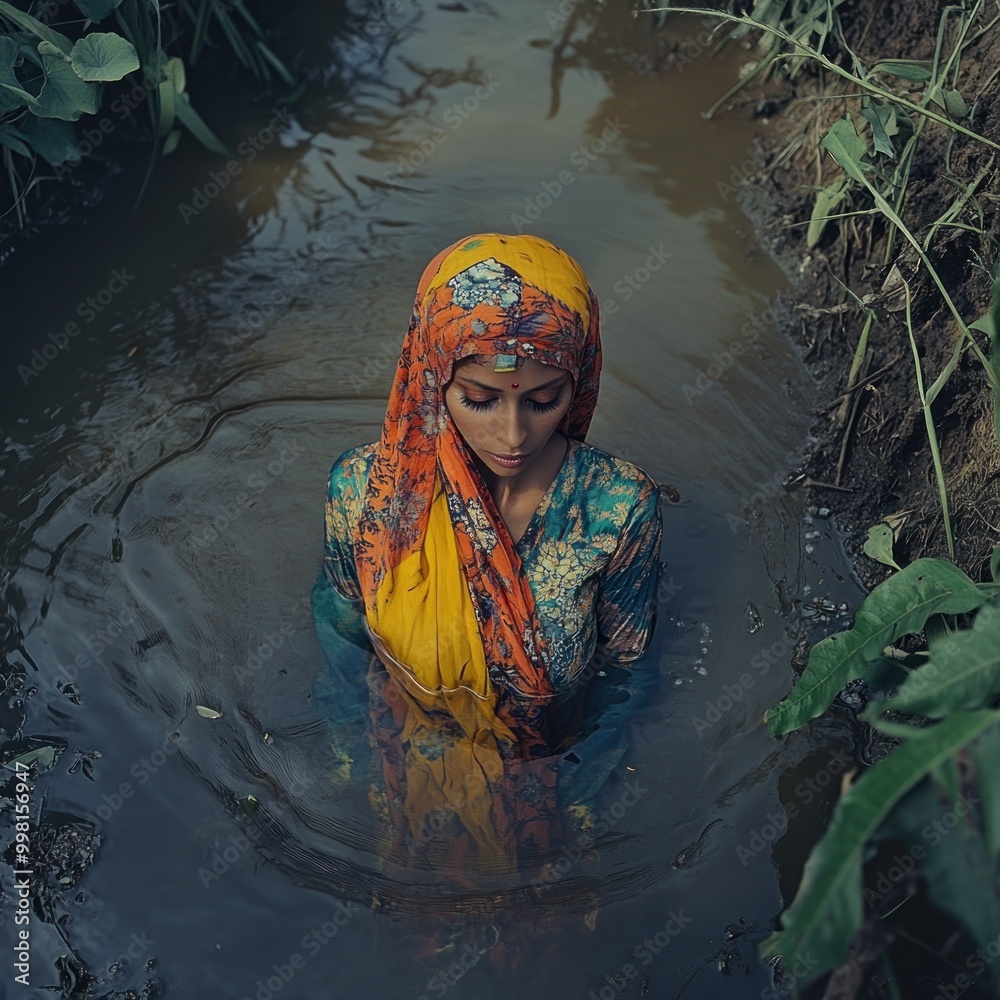 Fototapeta premium Woman in a Colorful Sari Submerged in a Tranquil Stream