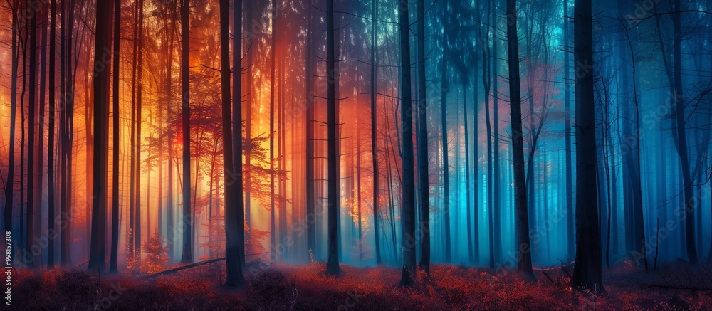 Enchanting forest landscape during twilight with vibrant hues of orange and blue in a serene woodland setting Enchanting forest landscape during twilight with vibrant hues of orange and blue in a serene woodland setting