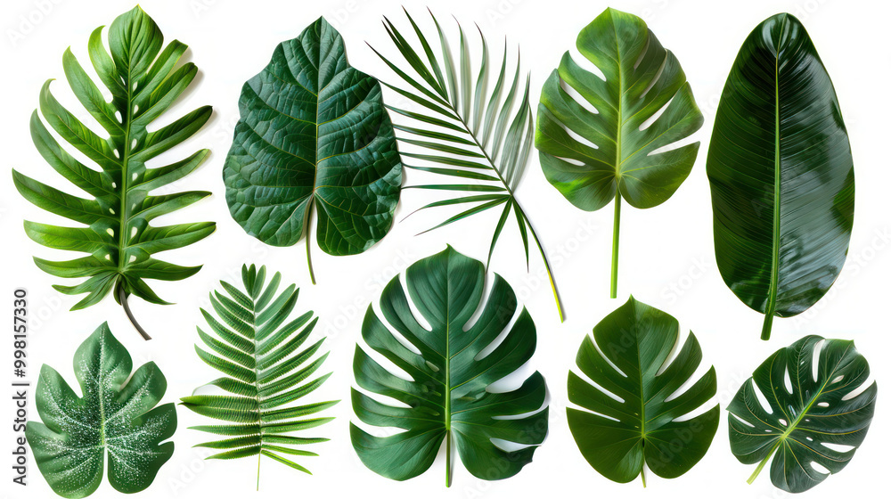 Lush green leaves in various shapes and sizes create vibrant and tropical atmosphere, perfect for enhancing any natural setting or design Lush green leaves in various shapes and sizes create vibrant and tropical atmosphere, perfect for enhancing any natural setting or design