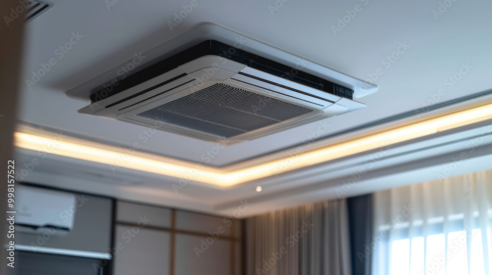 Ceiling mounted air conditioning unit in modern room, providing comfort and cool air. sleek design complements contemporary interior decor Ceiling mounted air conditioning unit in modern room, providing comfort and cool air. sleek design complements contemporary interior decor