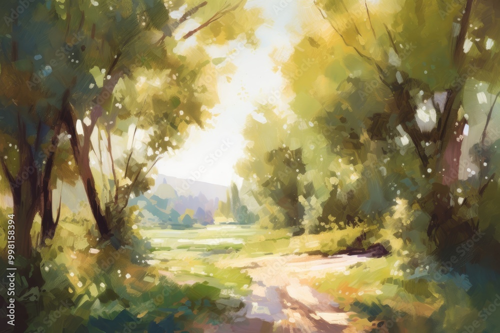A serene pathway through a lush, sunlit forest landscape. A serene pathway through a lush, sunlit forest landscape.