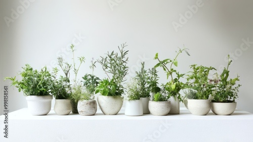 Row of potted herbs on a white countertop against a white wall.