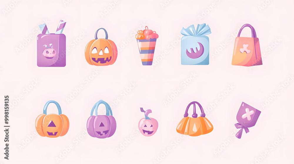 Fototapeta premium Pastel trick-or-treat bag set of icons with soft edges and light pastel colors isolated on a plain background