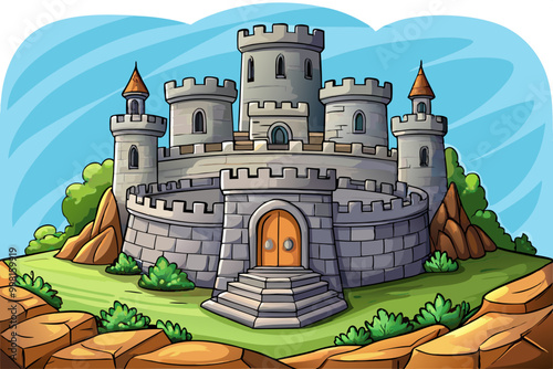 old stone castle with green isolated landscape, vector cartoon illustration, rock and sky