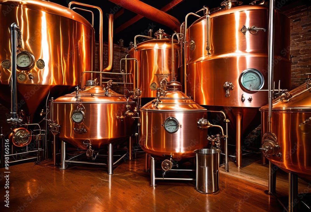 Fototapeta premium vibrant colorful display brewing equipment various parts showcasing art craft beer production, machinery, tools, fermentation, hops, grains, kettle, tanks