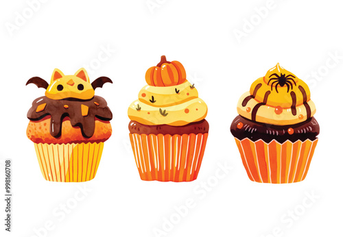 Watercolor Halloween cupcakes set. spooky decorated muffins. Halloween food for holiday designs