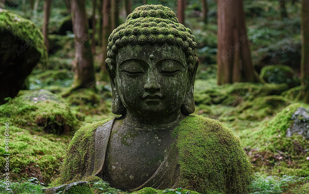 Fototapeta premium A serene moss-covered Buddha statue in an ancient forest, surrounded by lush greenery and a tranquil atmosphere